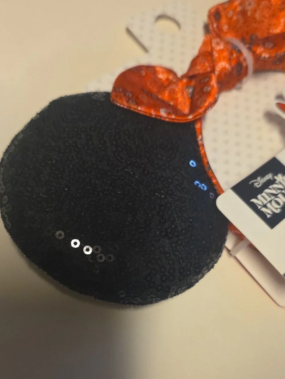 Disney Minnie Mouse Black Sequin Ear Headband with Orange Bow